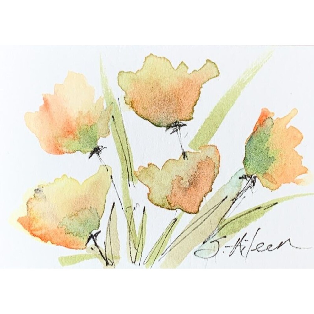 ACEO Painting Loose Watercolor Flowers Bouquet Green Leaves Botanical Signed